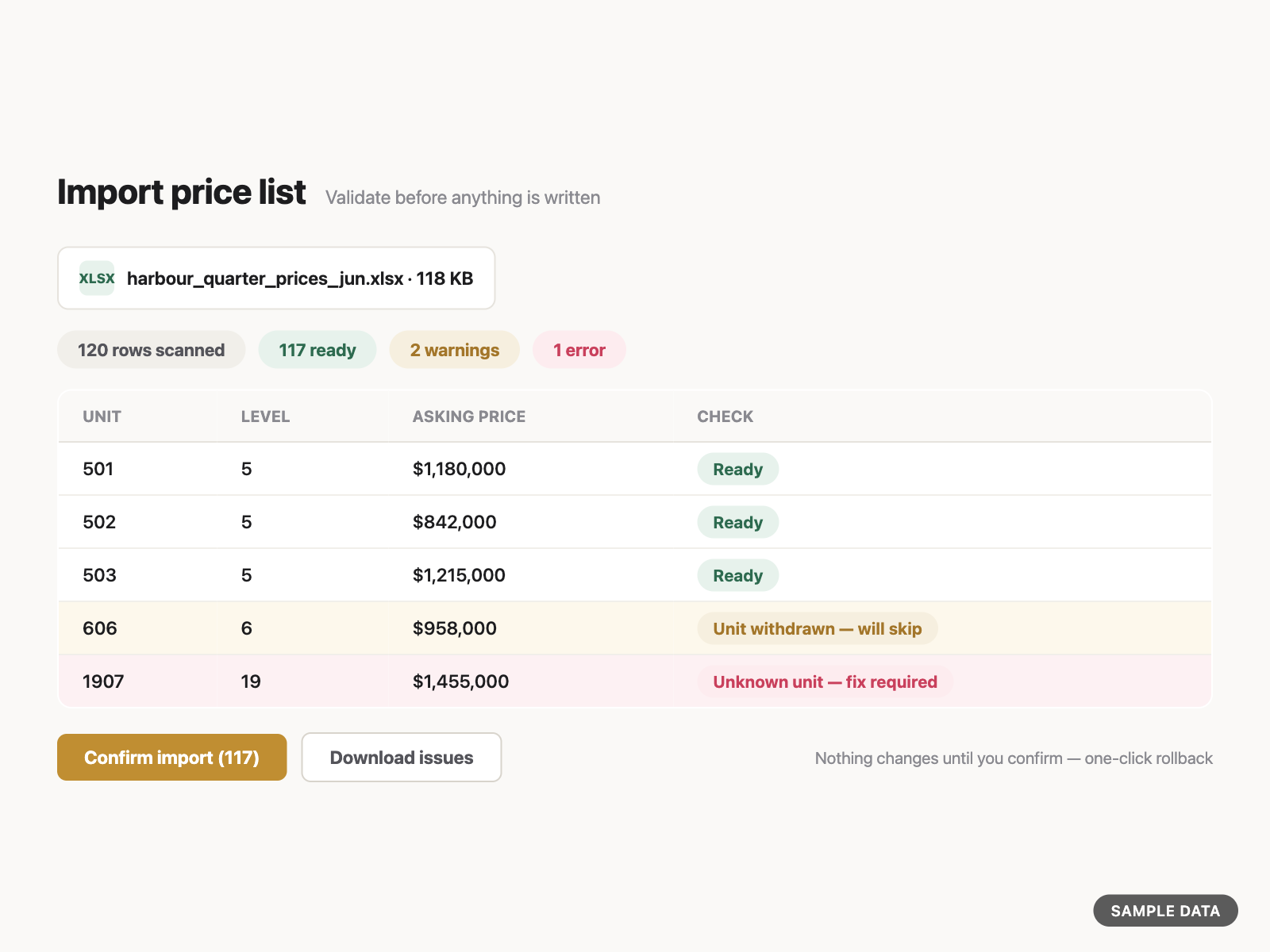 LYNCU price list import mapping an Excel spreadsheet into live inventory (sample data)