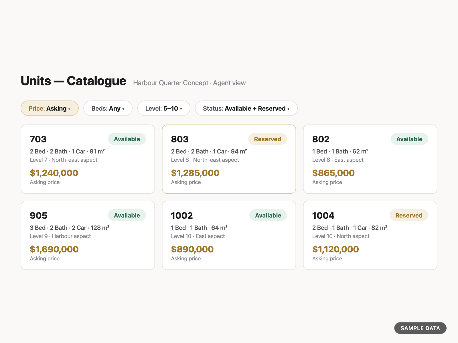 LYNCU units catalogue listing off-the-plan apartments with status and pricing (sample data)